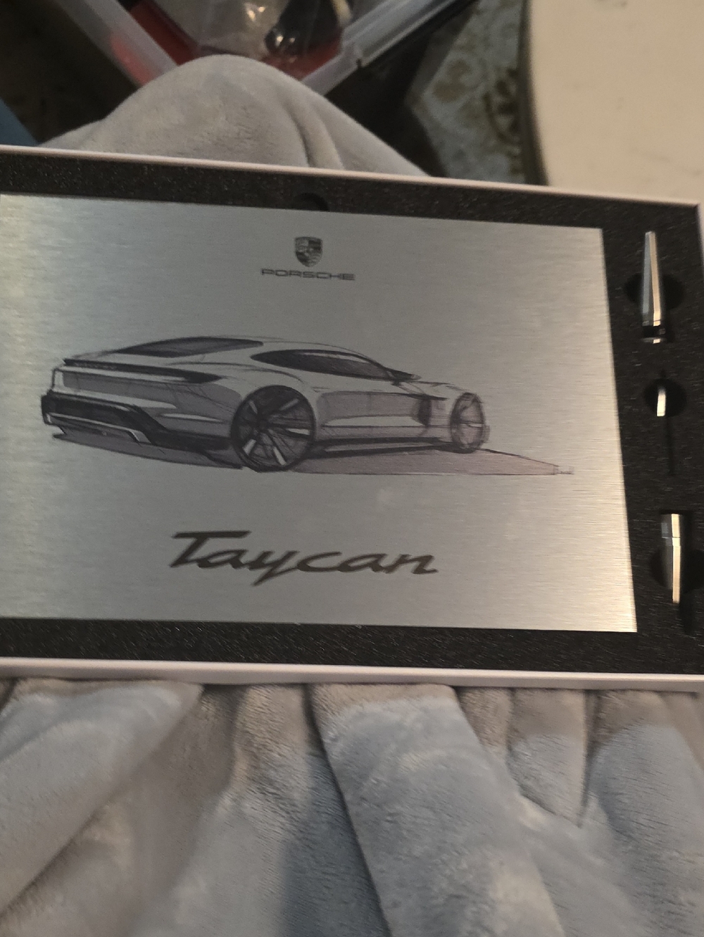 Porsche Taycan Sketch Art Desk Plaque - Silver and Black